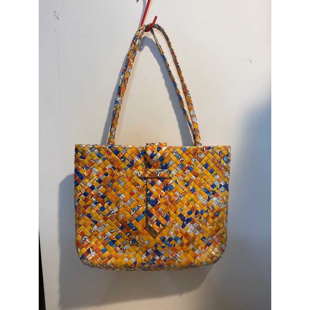 Handmade Recycled Juice Pouch Woven Tote Bag Orange Sun Drink Upcycled Folk Art